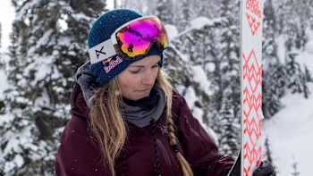 Michelle Parker puts skins on her skis in Pemberton, British Columbia, Canada on February 25, 2018.
