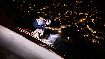 Lindsey Vonn skis down the Streif at night in Kitzbühel, Austria, on January 17, 2023.