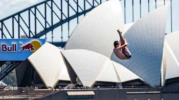 Aidan Heslop of the UK dives from the 27.5 metre platform during the final competition day of the eighth and final stop of the Red Bull Cliff Diving World Series in Sydney