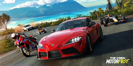Artwork aus The Crew Motorfest zeigt verschiedene Fahrzeuge und Motorräder auf Hawaii.
