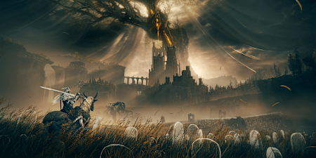 Artwork from Elden Ring: Shadow of the Erdtree shows the character in a meadow with the Erdtree in the background.