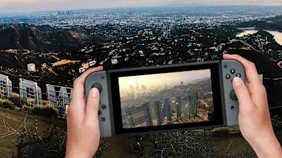 Un montage du jeu vidéo Grand Theft Auto V de Rockstar Games sur console Nintendo Switch.
