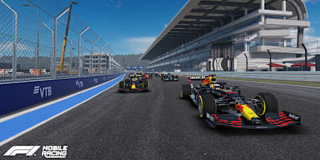 Screenshot from F1 Mobile Racing shows the two Red Bull cars in the lead