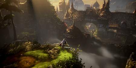 Screenshot aus No Rest for the Wicked zeigt eine Spielfigur mit Schwert und Schild auf einem Hügel vor einer Stadt.