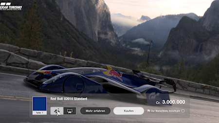 Op een screenshot van Gran Turismo 7 zie je de Red Bull X2014 Standard in Brand Central.