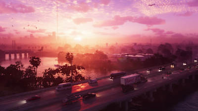 GTA 6 fragmanından alınan ekran görüntüsü, Vice City’yi mor tonlara bürünen bir gün batımında gösteriyor. 