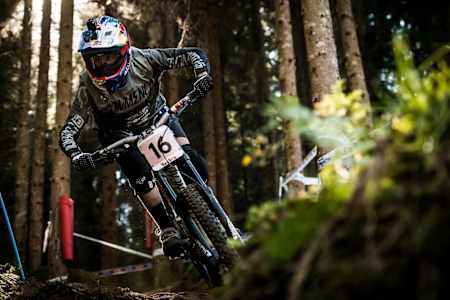 Myriam Nicole riding during practice at the 2016 MTB World Champs in Val di Sole, Italy on September 9, 2016