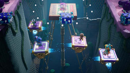 Screenshot from the PS5 game Sackboy: A Big Adventure shows two players in co-op mode during a jump passage.
