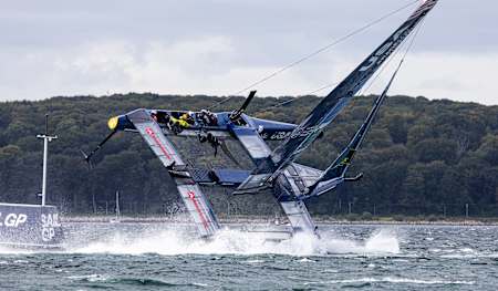 USA SailGP Team helmed by Jimmy Spithill in action at the ROCKWOOL Denmark Sail Grand Prix in Aarhus.