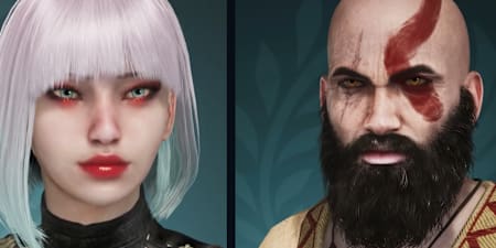 Personalisation de Lucy de Cyberpunk Edgerunners et Kratos de God of War dans Monster Hunter Wilds dans le menu de création du jeu.