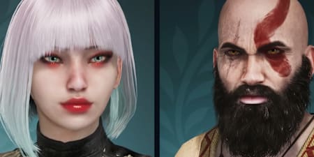 Personalisation de Lucy de Cyberpunk Edgerunners et Kratos de God of War dans Monster Hunter Wilds dans le menu de création du jeu.