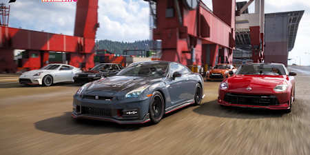 A fleet of Nissan cars in Forza Horizon 6.