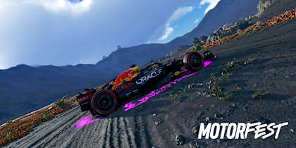 Screenshot from The Crew Motorfest shows the Red Bull RB18 in the crater of the Waianae volcano in Hawaii with mountains and an observatory in the background.