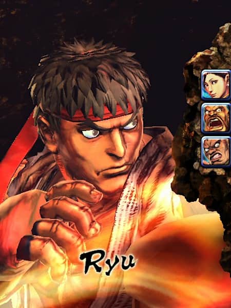 Ryu and Kuzuku character selection in street fighter fighting game. 