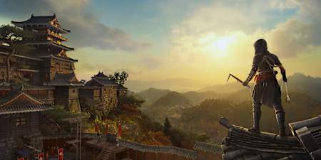 Captura de pantalla de Assassin's Creed Shadows que muestra a Naoe en un tejado.