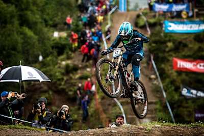 Greg Minnaar races on the motorway section during the Fort William UCI DH World Cup Rd 2 finals on June 4, 2017