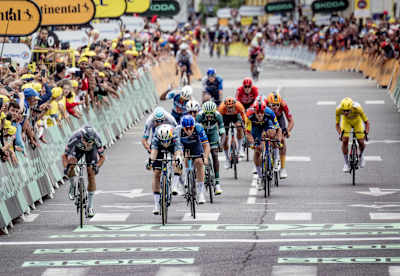 Wout van Aert finishing second on stage 13 from Agen to Pau (FRA/165km) at the 111th Tour de France 2024 on July 12. 