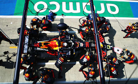 Max Verstappen makes a pitstop during the F1 70th Anniversary Grand Prix at Silverstone on August 09, 2020.