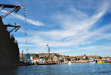 Kris Kolanus performs at the fourth stop of the Red Bull Cliff Diving World Series, Kragero, Norway on July 12th 2014.