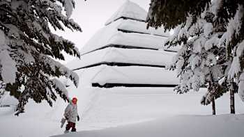 Snowboarder walking through snow.