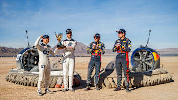 F1 drivers (L to R) Yuki Tsunoda, Daniel Ricciardo, Sergio Pérez and Max Verstappen in the desert for the (Un)serious Race Las Vegas