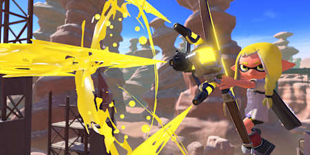 Screenshot aus Splatoon 3 für Nintendo Switch zeigt eine Inkling-Frau beim Nutzen des neuen Bogens