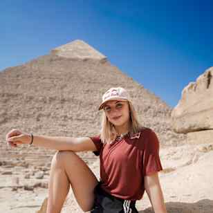 Noa Diorgina poses for a portrait in front of the pyramids in Cairo, Egypt on November 3, 2023