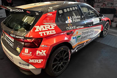MRF Tyres branding is prominent on Romanian driver's Škoda Fabia