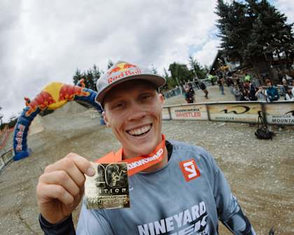 Emil Johansson marks his triumph at Red Bull Joyride 2025 in Whistler, British Columbia, Canada, with a celebratory gesture.