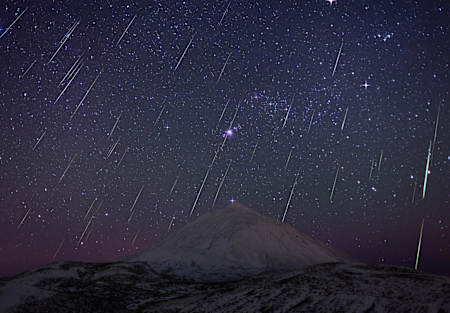 Meteor shower sky on canary islands over the teide vulcano.