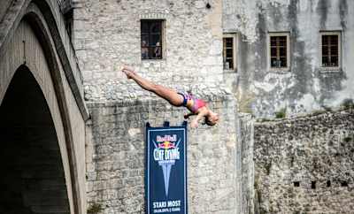 Rhiannan Iffland of Australia dives from the 21 metre platform on Stari Most during the Red Bull Cliff Diving World Series in Mostar, Bosnia and Herzegovina on August 23, 2019.