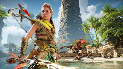 Una captura de pantalla de Horizon Forbidden West  muestra a la heroína Aloy en el agua con un dinosaurio robot.