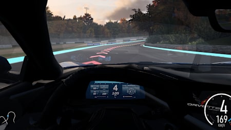 Captura de pantalla de Forza Motorsport mostrando una carrera desde la vista de cabina con la ayuda a la conducción "límites de la pista" activada.
