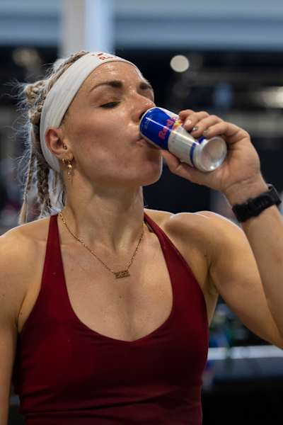 Ida Mathilde Steensgaard is drinking a Red Bull Energy Drink after the Hyrox Denmark 2024 in Bella Center, Copenhagen, Denmark, on March 23, 2024.