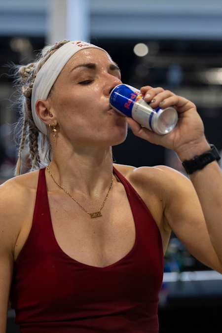 Ida Mathilde Steensgaard is drinking a Red Bull Energy Drink after the Hyrox Denmark 2024 in Bella Center, Copenhagen, Denmark, on March 23, 2024.