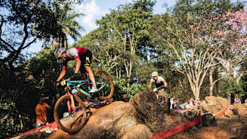 Martin Vidaurre competes at UCI XCO World Cup in Araxá, Brazil on April 21, 2024