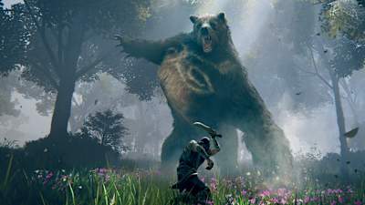 Screenshot aus Elden Ring zeigt einen Kampf gegen einen riesigen Bären
