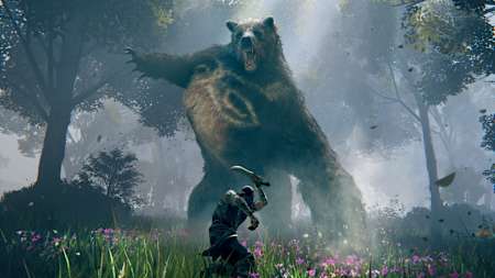 Screenshot aus Elden Ring zeigt einen Kampf gegen einen riesigen Bären