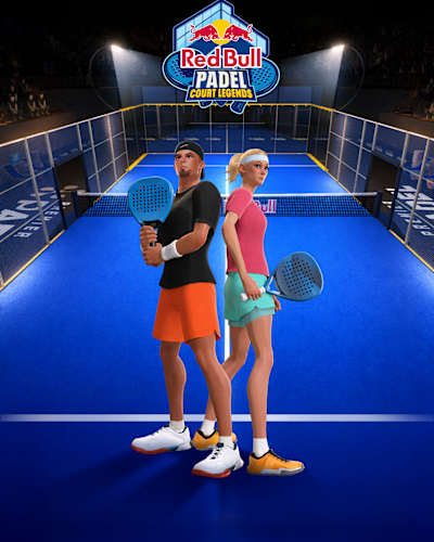 Artwork depicting two players and a padel court in the Red Bull Padel: Court Legends game.