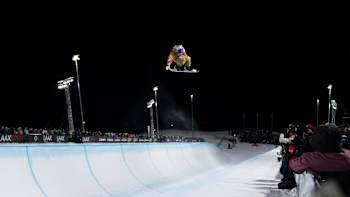 In 2024, Mitsuki Ono soars through the air at Laax Open snowboarding event in Laax, Switzerland.