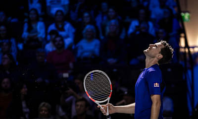 Dominic Thiem holds his racquet during his 2024 farewell match against Alexander Zverev at Stadthalle in Vienna, Austria.