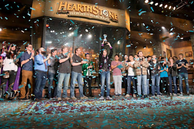 The top players at the Hearthstone World Championships congratulate the tournament champion