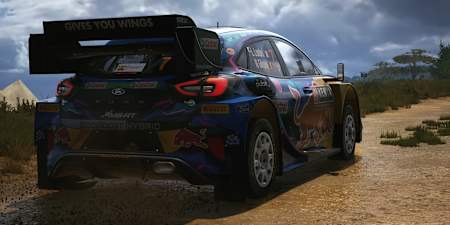 Screenshot from EA Sports WRC shows the Ford Puma1 in a thunderstorm during the Kenya Rally