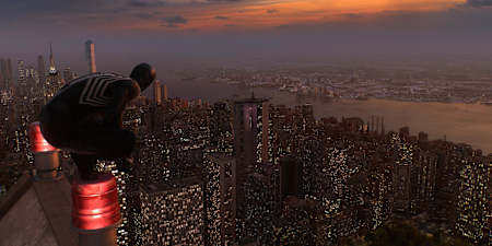 Screenshot aus Marvel's Spider-Man 2 zeigt Peter Parker im Symbiontenanzug über den Dächern von Manhattan.