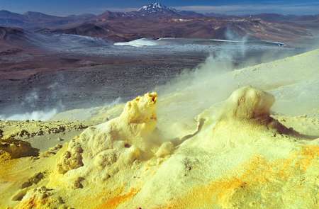 Sulfur fumaroles of Lastarria volcano at the Atacama Desert