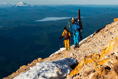 Michelle Parker and Cody Townsend scale a mountain during filming for The Mountain Why