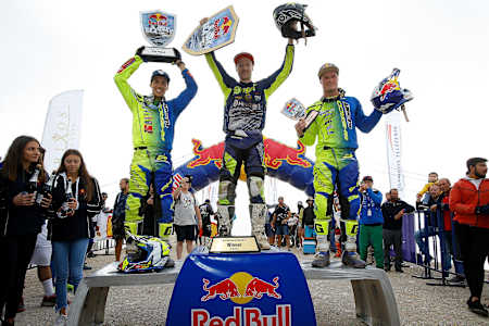 Graham Jarvis, Mario Román and Wade Young celebrate on the podium at Red Bull Sea to Sky 2017 in Kemer, Turkey on September 30, 2017.
