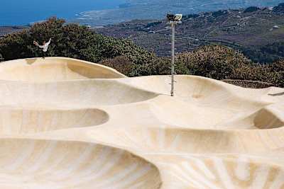 Skater Alex Hallford performs at the Blu Enigma Hotel in Andros, Greece.