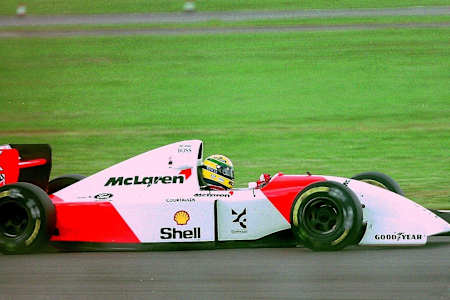Ayrton Senna in McLaren MP4-8 during practice for the 1993 British Grand Prix