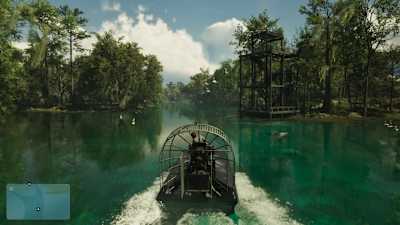 A screenshot from the GTA 6 Extended Look shows Jason in a hovercraft in the Grassrivers region, with manatees in the water.